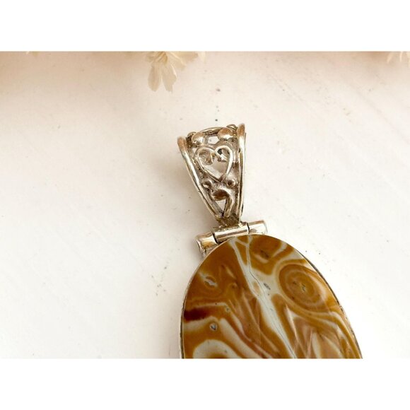 Utah Agate Brown & Gold Oval Floral Bail Sterling Silver 925 Vintage Pendant - Picture 4 of 10